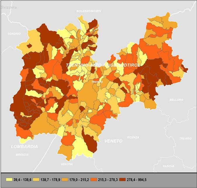 PRINCIPALI RISULTATI E PROCESSO DI RILEVAZIONE PROVINCIA DI TRENTO 39 Cartogramma 4.2 Numero di volontari (a) nelle unità locali della Istituzioni non profit nella Provincia di Trento, per 1.