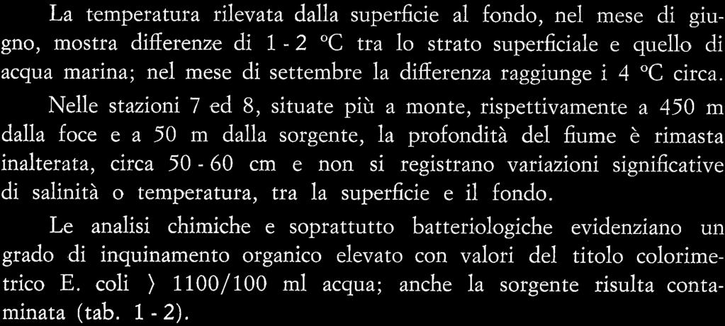 La temperatura rilevata dalla superficie a1 fondo, ne1 mese di giugno, mostra differenze di 1-2 "C tra lo strato superficiale e quello di acqua marina; ne1 mese di settembre la differenza raggiunge i