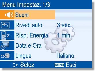 Menu Impostazioni Accendere la fotocamera ed impostarla in modalità REC (Registrazione) o PLAY (Esecuzione). Premere il tasto MENU per aprire il menu REC (Registrazione) o PLAY (Esecuzione).