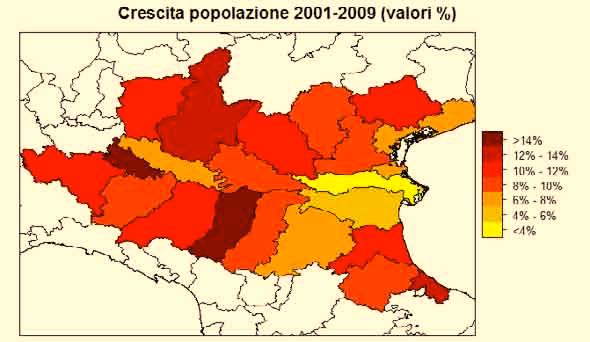 La dinamica demografica Nella Pianura Padana centro-orientale la popolazione è in