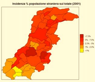 L incidenza della popolazione straniera nei comuni della provincia di