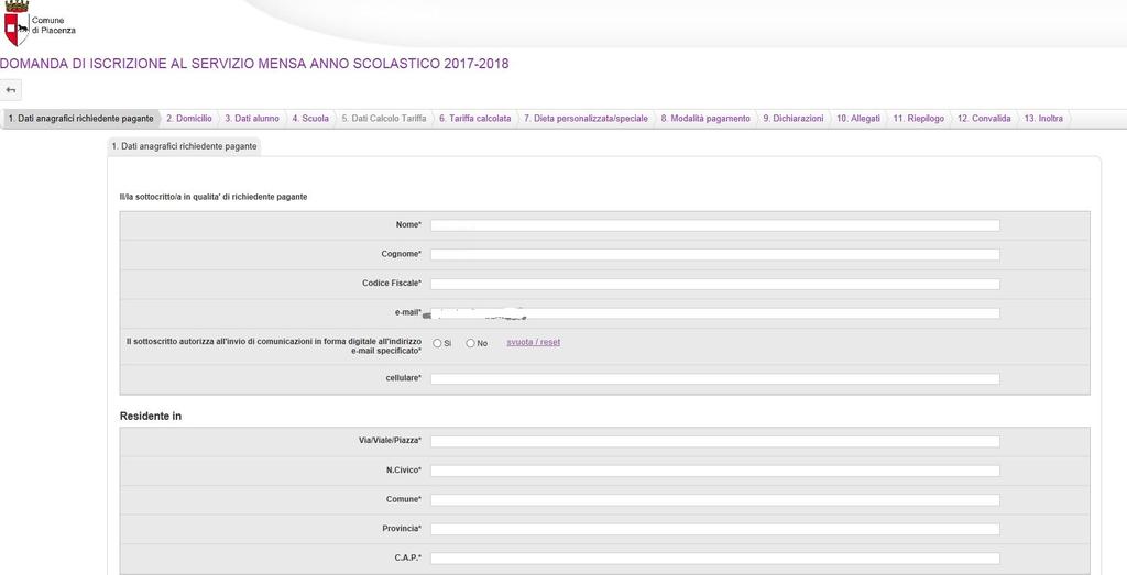 Una volta inseriti i dati richiesti l utente può proseguire nella compilazione cliccando sul pulsante SALVA E PROSEGUI in fondo alla pagina.