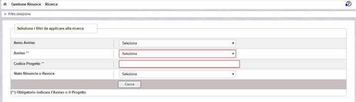 Selezionando l Avviso o inserendo il codice del progetto, il sistema prospetta