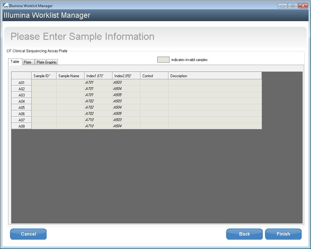 Figura 3 Illumina Worklist Manager, schermata Enter Sample Information (Immetti informazioni sui campioni) Inserimento delle informazioni sui campioni 1 Nella scheda Table (Tabella) o nella scheda