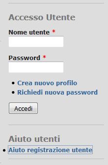 Nella striscia sinistra della homepage si trova una finestrella denominata Accesso Utente, nella quale potete cliccare su Crea