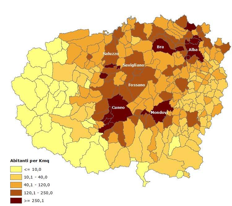 Classificazione dei comuni della provincia di Cuneo per densità demografica Anno 2015 Fonte: elaborazione Unioncamere Piemonte 1.3.