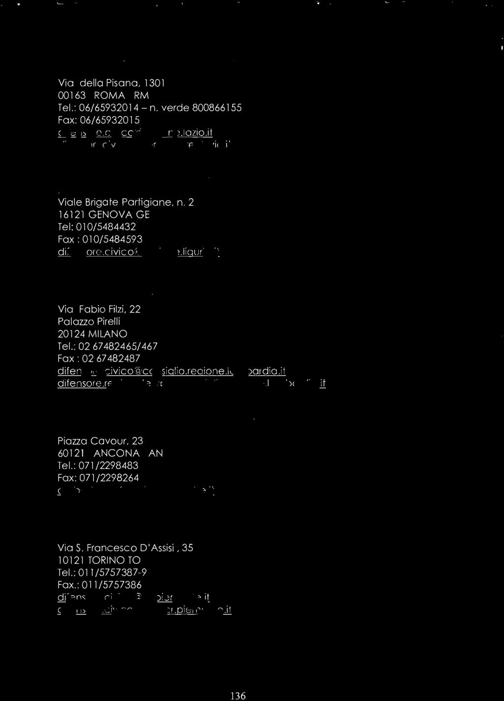 136 Difensore Civico Regione LAZIO Felice Maria FILOCAMO Via della Pisana, 1301 00163 ROMA RM Tel.: 06/65932014- n. verde 800866155 Fax: 06/ 65932015 difensore.civico@regione.lazio.