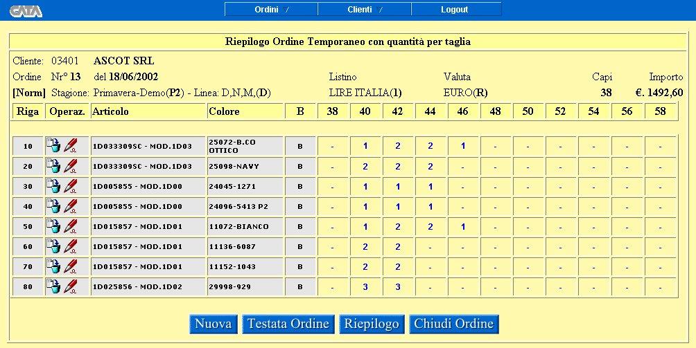 controllare le singole quantità per taglia. I pulsanti abilitati sono quelli della cancellazione di righe e di modifica righe.