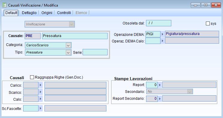 Pressatura La causale di Pressatura è configurata come segue: Inserire articolo vinaccia.