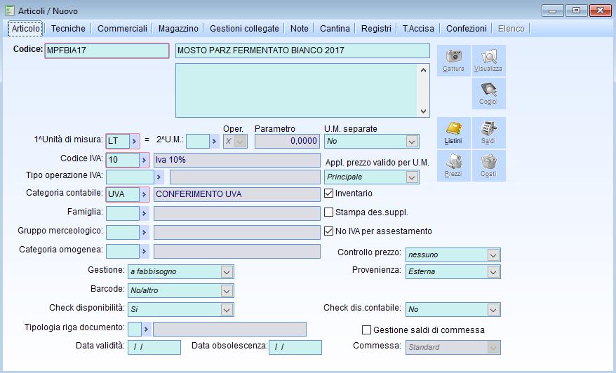 Inserire il valore in base al tipo di vino che si