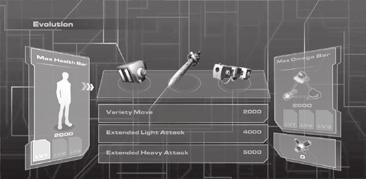 MENU DI EVOLUZIONE Potenziamenti barra della salute Selezione configurazione Potenziamenti barra Omega Nanites raccolti Potenziamenti Costo del potenziamento CONFIGURAZIONI DI BASE Controllando