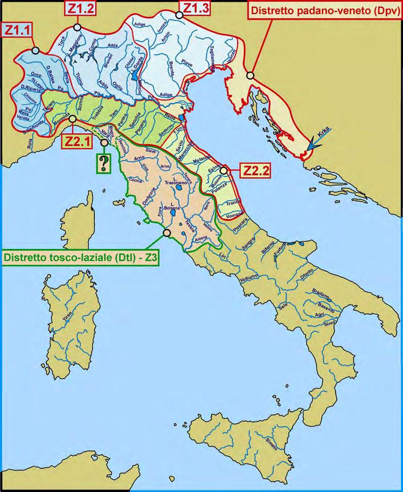 Fig. 1 - Schema classificativo dei distretti distretti padano - veneto (Dpv) e tosco - laziale (Dtl) per i quali è valido l In