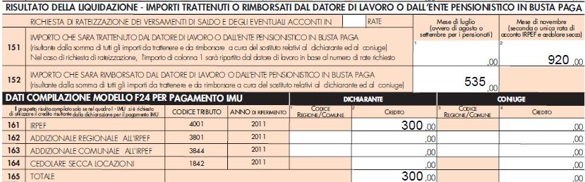 e quindi: (2.200) (200 100 400 35 100 500 180 150) = 535 Il saldo contabile è positivo e, quindi, rappresenta un credito da rimborsare. Pertanto, andrà indicato al Rigo 152.