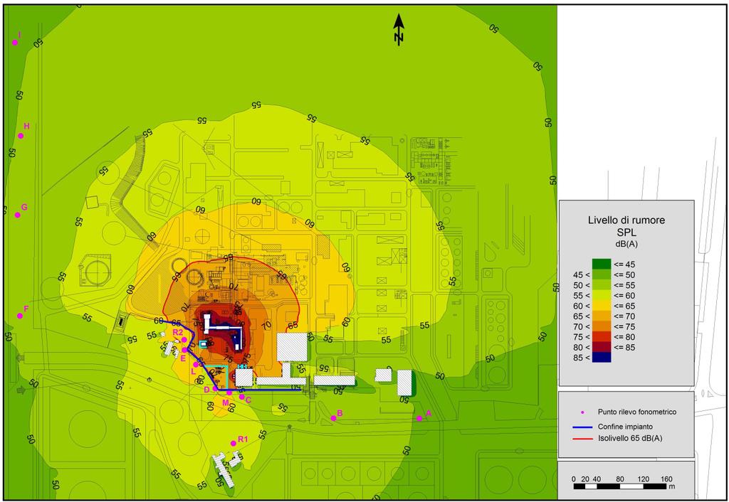 Pag. 20 di 22 Figura 7-E - Mappa acustica a 1,5 metri dal suolo (fase di esercizio) Il livello massimo di emissione lungo il confine dell impianto risulta essere conforme al valore limite della