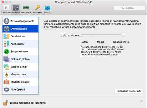 Usa Windows sul Mac Impostazioni di ottimizzazione Usando le impostazioni di Ottimizzazione, puoi limitare l uso delle risorse della macchina virtuale.