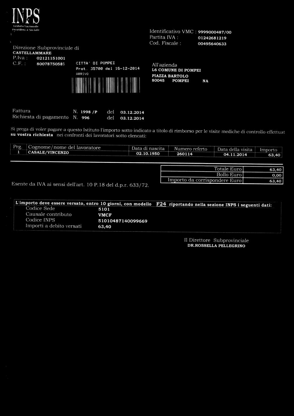 INPS J,t iltil I r,v1er identificativo VMC Direzione Subprovinciale di CASTELLAMMARE Riva 02121151001 Partita IVA C.F. SOO787505 CITTA DI POIIPEI All azienda 9999000487/00 01242681219 Cod.