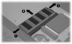 b. Afferrare il modulo per il bordo (2) ed estrarlo delicatamente dallo slot. Per proteggere un modulo di memoria dopo averlo rimosso, conservarlo in un contenitore antistatico. 14.