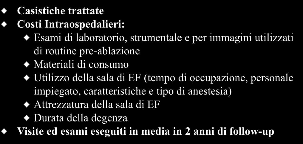 Ablazione della FA: Survey AIAC Questionario: Casistiche trattate Costi Intraospedalieri: Esami di laboratorio, strumentale e per immagini utilizzati di routine pre-ablazione Materiali di consumo