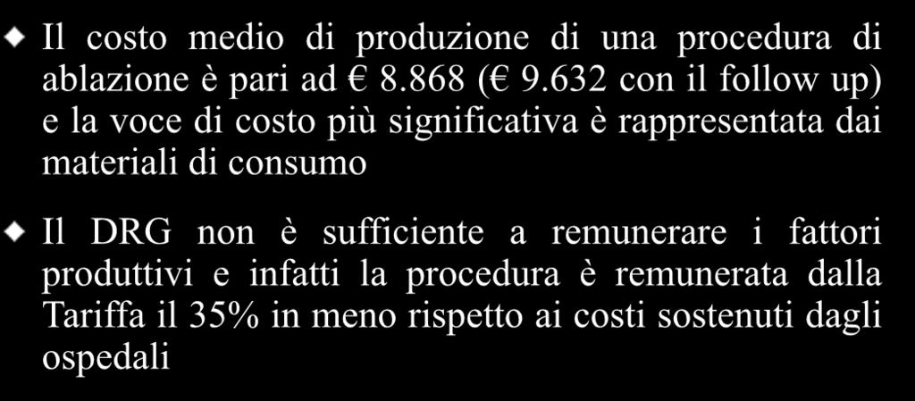 Conclusioni Il costo medio di produzione di una procedura di ablazione è pari ad 8.868 ( 9.