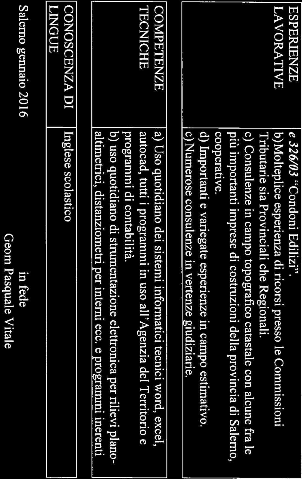 STUDIO TECNICO GEOM. PASQUALE WTALE. SALERNO ESPERIENZE LAVORATIVE COMPETENZE TECNICHE CONOSCENZA DI LINGUE Salerno gennaio 2016 e 326/03 Condoni Edilizi.
