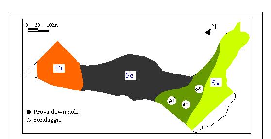 Figura : Carta geologica con ubicazione dei sondaggi svolti nella recente campagna di indagini (Capilleri, 3) n prove Down Hole mediante installazione di tubi in PVC del diametro di 8 mm e