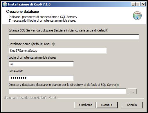 4) Nella successiva form Creazione database, introdurre I parametri per la connessione a SQL Server. - Istanza SQL Server da utilizzare: nome (es. KNOSSERVER) o indirizzo IP (es. 192.168.0.