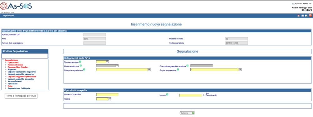 Nella parte destra della mappa, invece, sono posizionate le icone che attivano le seguenti azioni sulla pratica: invio ufficiale all UIF; cancellazione SOS; visualizzazione e invio allegati all UIF;