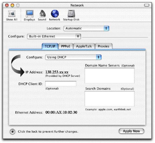 Chiudere e salvare le modifiche apportate nella finestra Proprietà TCP/IP. 6. Riavviate il vostro Apple Macintosh affinché si possa collegare al modem Open Sky. Per Apple MAC OS/X 10.3 (Panther) 1.