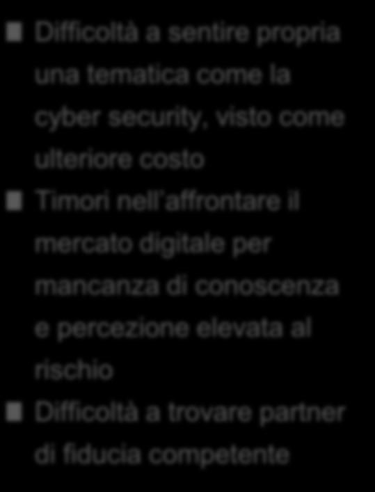 le possa supportare nel cambiamento Difficoltà a sentire propria una tematica come la cyber security, visto come ulteriore costo Timori