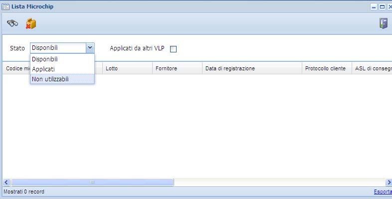 Lista microchip assegnati al VLPA La funzione accessibile da LISTA MICROCHIP permette di: visualizzare lo stato dei