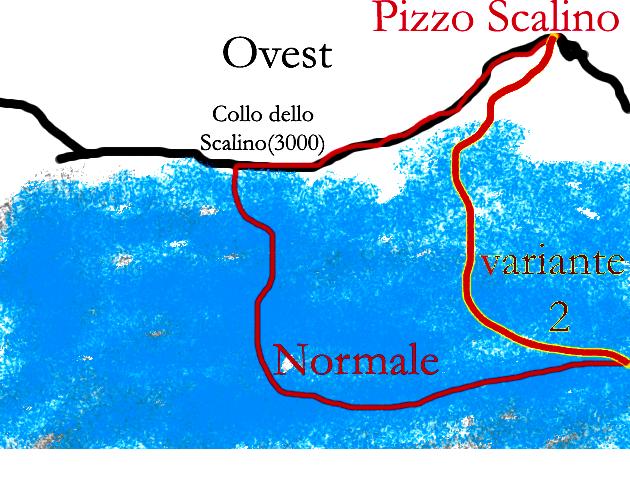 La Normale dalla Valmalenco (via 1) Partenza Campo Moro (m 1934) Via Dislivello Tempo di salita Campagneda (m 2145), Cornetto (m 2848), Collo dello Scalino (m 3100 circa) 1389 m alla vetta 4h e mezza
