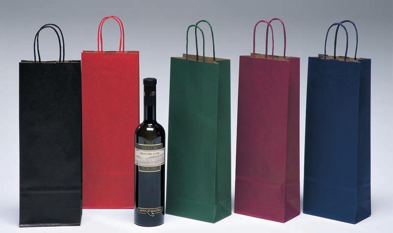 Porta Bottiglie Su sealing avana con fondo pieno - stampa su lato opaco: nero, rosso, verde, bordeaux, blu Maniglia ritorta colorata Bottle bag - brown ribbed full ink coverage paper on the matt