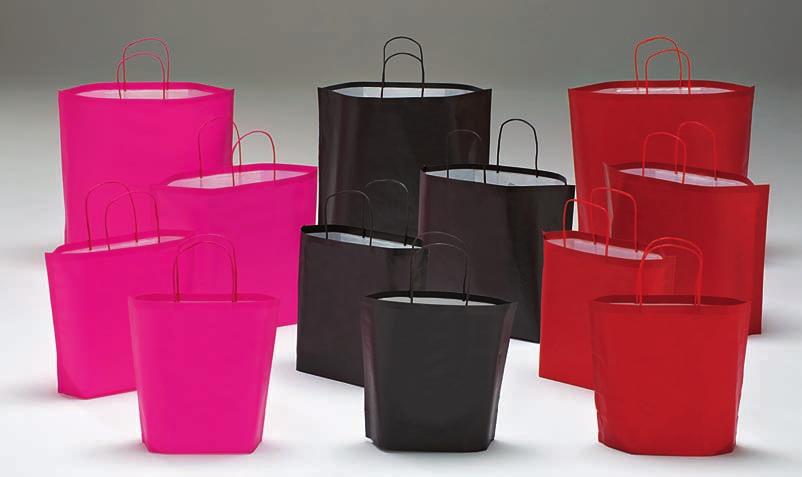 B-Bags Colorati - white kraft paper full print coverage, fuxia, black, red. Twisted coloured handle.