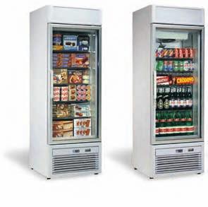 Tornado Upright display cabinet with static (RS) or ventilated refrigeration (RV) and tempered glass door.