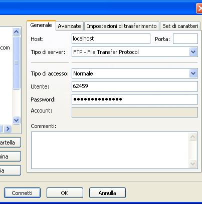 Inserisci i parametri di accesso al tuo spazio web su webtest: Host: localhost Tipo di accesso: Normale