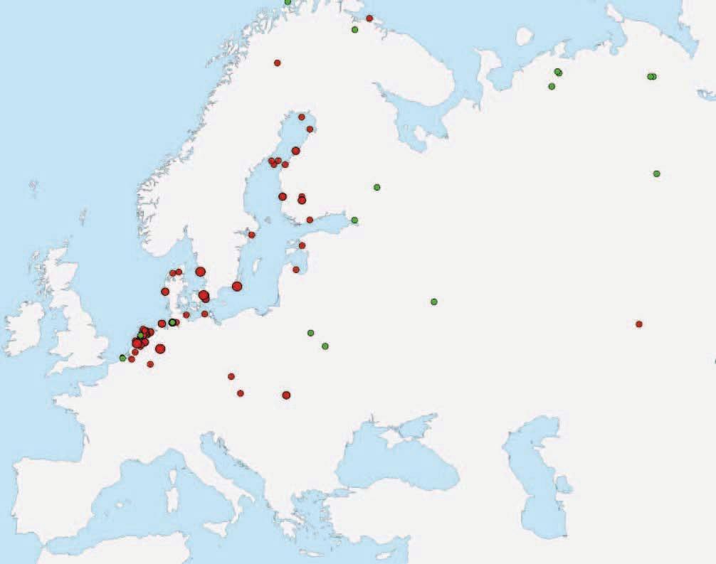 Areale riproduttivo delle popolazioni di Combattente che raggiungono l Italia desunto dai dati di inanellamento/ricattura (dimensione del campione analizzato = 138).