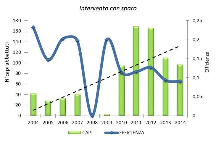 L intervento in tana si dimostra anno per anno non solo più efficace (nel periodo 2004-2014, prelevati in media 172 capi/anni con gli interventi in tana contro 72/anno abbattuti con lo sparo da punto