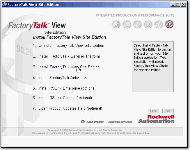 Creare un applicazione PanelView Plus Capitolo 2 3. Fare clic su Install FactoryTalk View Site Edition. 4.