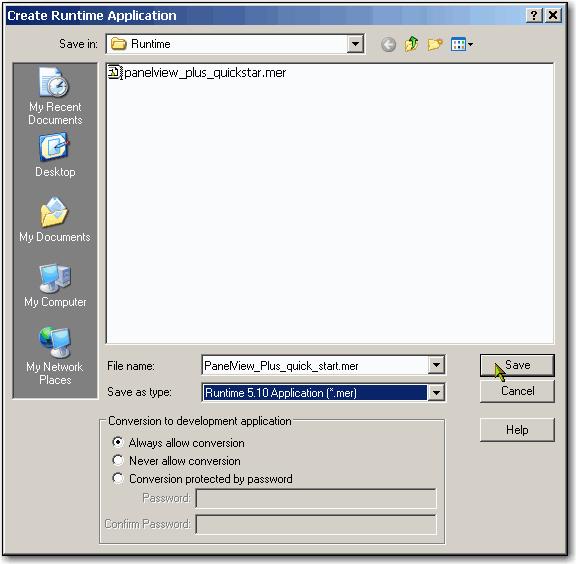 In Save as type, selezionare la versione di Runtime corrispondente al firmware del terminale PanelView Plus in uso.