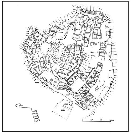 74: pianta del castello di San Silvestro con le aree oggetto di scavo Officine Manifattura Lavorazione Tipi Impasto Ubicazione 1 ag Artigianale tornio veloce olle