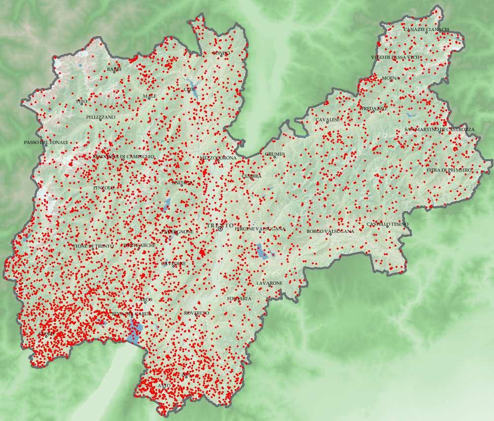 FULMINI Figura 20: Distribuzione spaziale dei fulmini registrati in Trentino in agosto 2017 Nel mese di agosto 2017 sono stati registrati ben 5228 fulmini