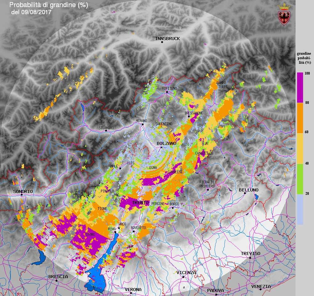 GRANDINE DEL 9 AGOSTO 2017 Figura 22: Stima della probabilità di grandine del 9 agosto 2017 Il 9 agosto 2017 si sono verificate grandinate sparse con, localmente, chicchi di grosse dimensioni.