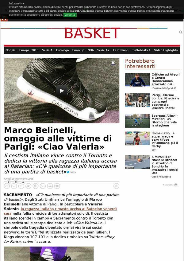 16 novembre 2015 tuttosport.com Marco Belinelli, omaggio alle vittime di Parigi: «Ciao Valeria» SACRAMENTO «C' è qualcosa di più importante di una partita di basket».