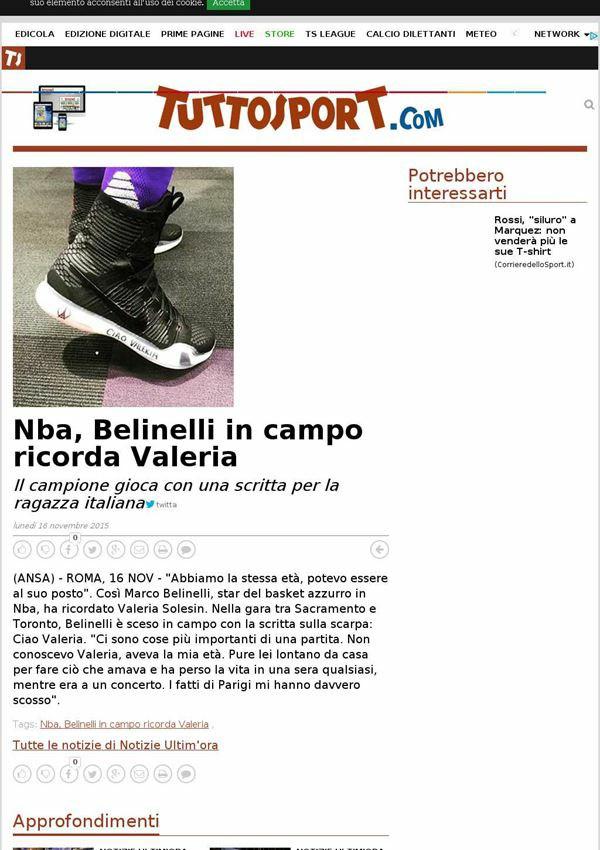 16 novembre 2015 tuttosport.com Nba, Belinelli in campo ricorda Valeria (ANSA) ROMA, 16 NOV "Abbiamo la stessa età, potevo essere al suo posto".
