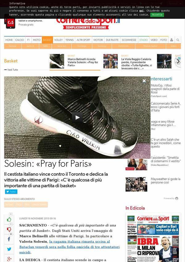 16 novembre 2015 corrieredellosport.it Marco Belinelli ricorda Valeria Solesin: «Pray for Paris» SACRAMENTO «C' è qualcosa di più importante di una partita di basket».
