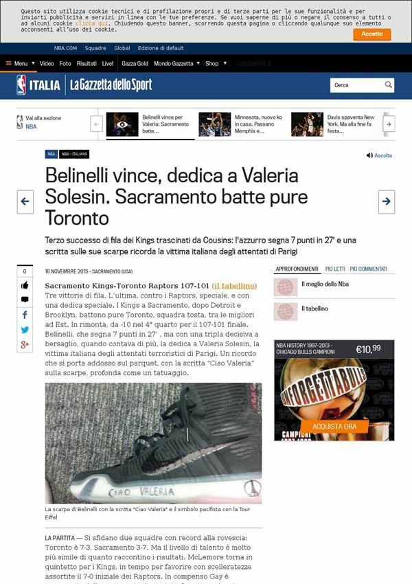 16 novembre 2015 gazzetta.it Belinelli vince, dedica a Valeria Solesin.