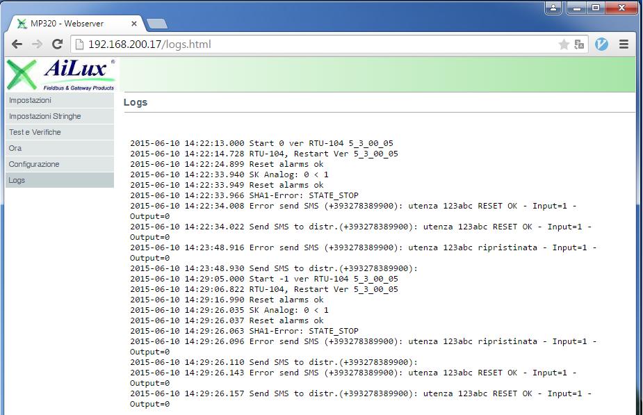 Configurazione MP-3G Logs In questa pagina sono presenti i messaggi di log