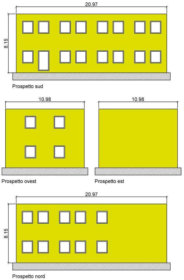 Planimetria a base rettangolare con dimensioni, al netto dei muri, di 10.20x 20.17 m e altezza netta interpiano di 3.70 m. Altri dati geometrici di rilievo sono riportati in tabella A.