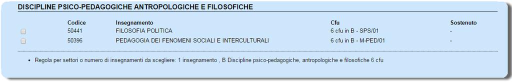 5) Passare alla sezione DISCIPLINE PSICO-PEDAGOGICHE ANTROPOLOGICHE E FILOSOFICHE e selezionare un insegnamento tra quelli proposti.