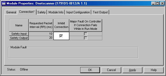 Sviluppo dell applicazione di sicurezza Capitolo 6 2. Fare clic sulla scheda Connection nella finestra di dialogo Module Properties. 3. Selezionare Inhibit Connection e fare clic su Apply.